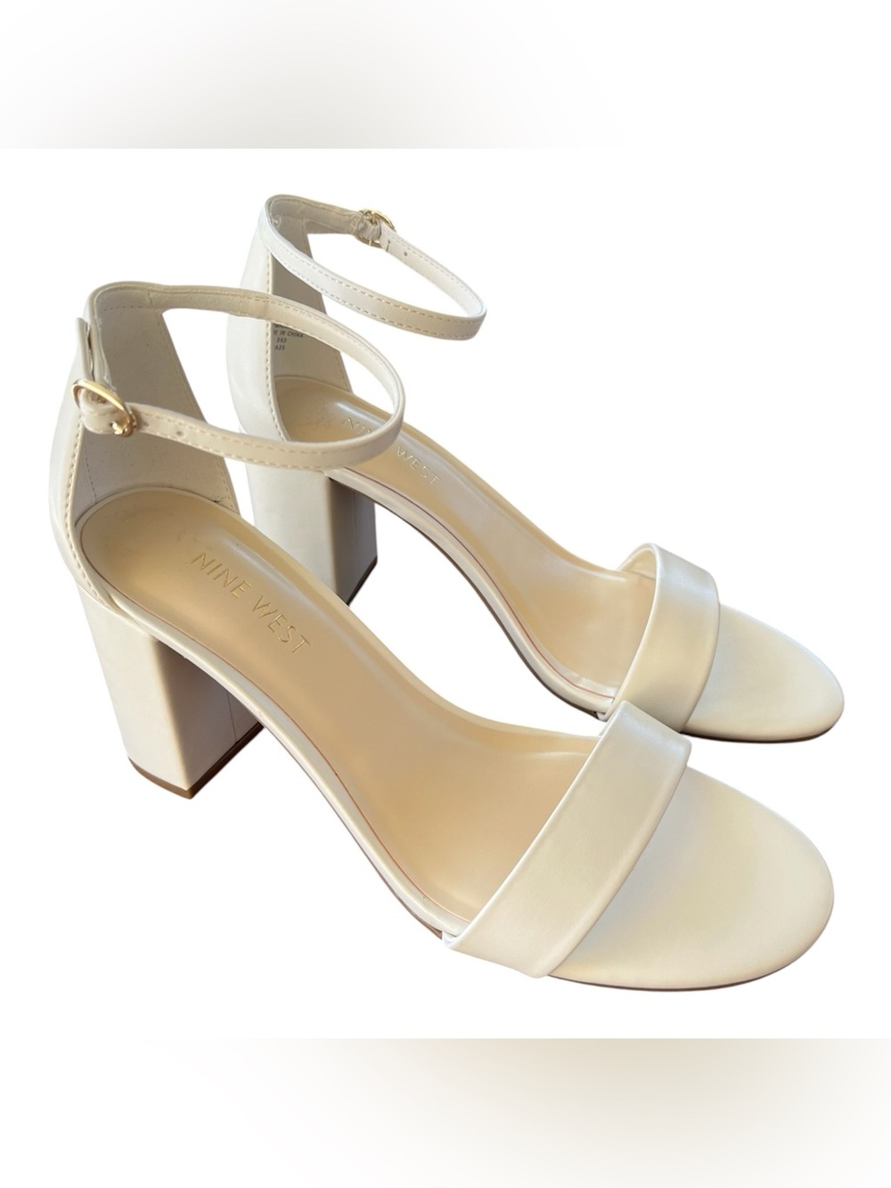 NEW Nine West Ivory Cream Womens Sz 8.5 Ankle Strap Block Heel Sandal